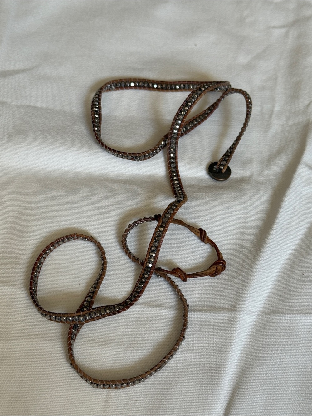 Club Monaco Adjustable Brown Leather Crystal Wrap Bracelet or Necklace